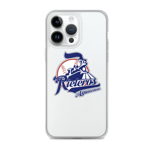 An iPhone case featuring the Rieleros de Aguascalientes logo in blue and red on a clear background, with the case closed on an iPhone 7 Plus/8 Plus.