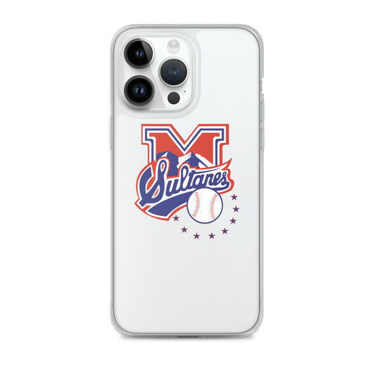An iPhone case featuring the Monterrey Sultanes baseball team logo in red and blue colors on a clear background.