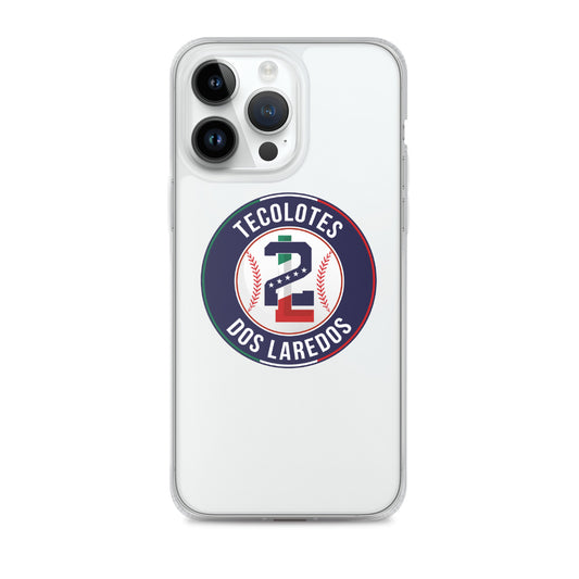 A clear iPhone case with a logo of Tecolotes Dos Laredos on the back, featuring a solid polycarbonate back.