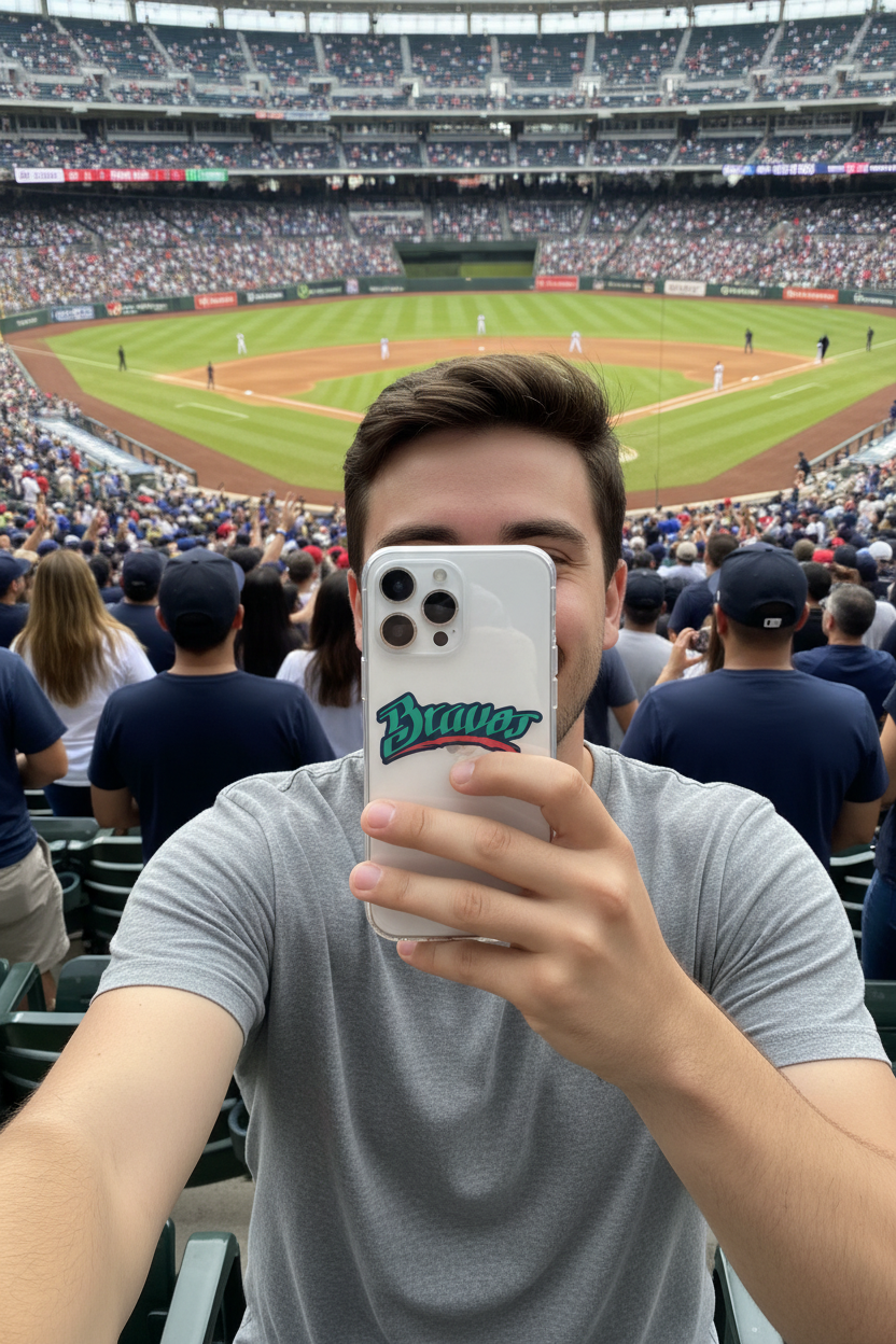 A man taking a selfie in a crowded baseball stadium, holding a white phone on a  'Bravos' case. The field is visible in the background with fans seated in the stands.