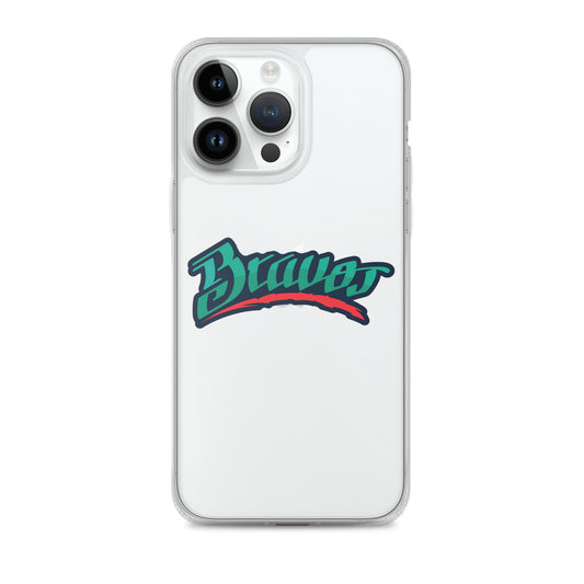An iPhone case featuring the name 'Bravos de Leon' in stylized lettering on a clear background, compatible with iPhone models including iPhone XS Max and iPhone 13.