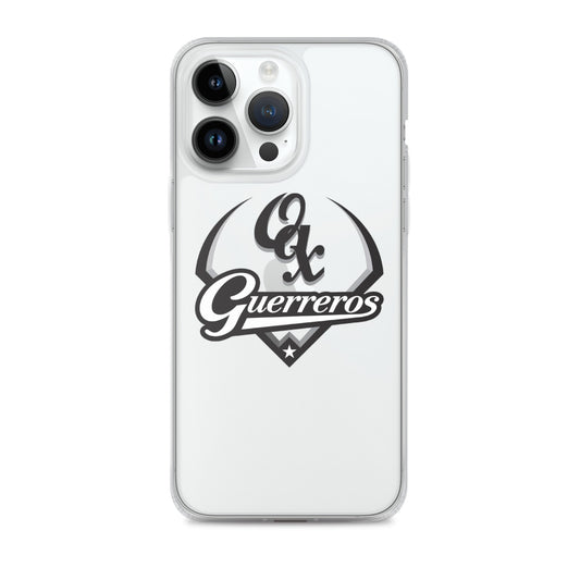 A clear iPhone case with a graphic design in the center that reads 'Guerreros' with a heart shape above the text.