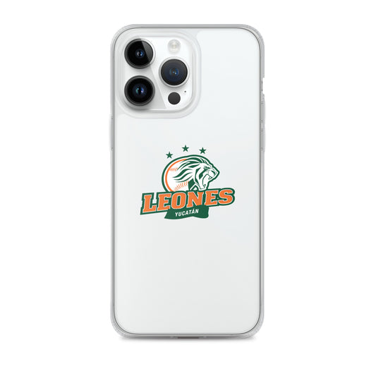 An iPhone case featuring the Leones de Yucatan logo in green and white on a clear background, with the case closed showing the front and back.