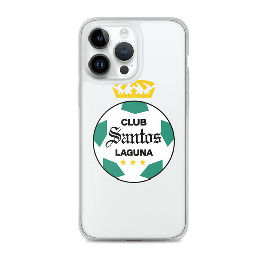 An iPhone case featuring the Club Santos Laguna logo in green, white, and black on a clear background.