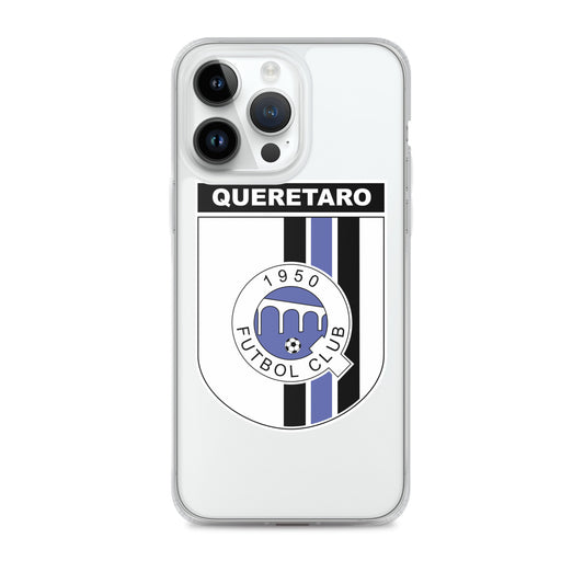 An iPhone case featuring the Club Queretaro logo in black and white on a clear background, with a camera cutout on the top left.