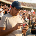 A man in a stadium wearing a navy blue baseball cap and a light beige t-shirt, looking down at a white smartphone he is holding in his hands.