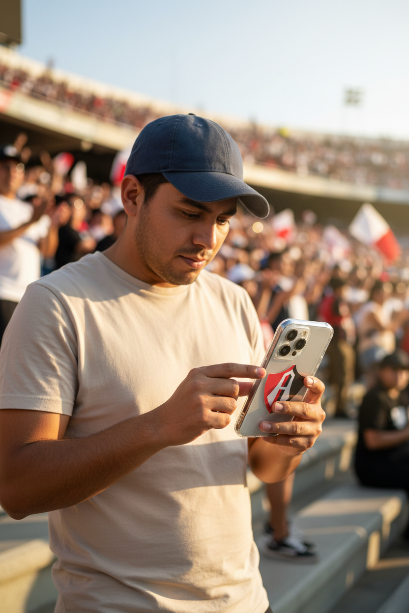 A man in a stadium wearing a navy blue baseball cap and a light beige t-shirt, looking down at a white smartphone he is holding in his hands.