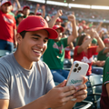 A young Hispanic man at a sunny baseball stadium applies a clear Saraperos iPhone case to his phone near the bleachers, surrounded by cheering fans.