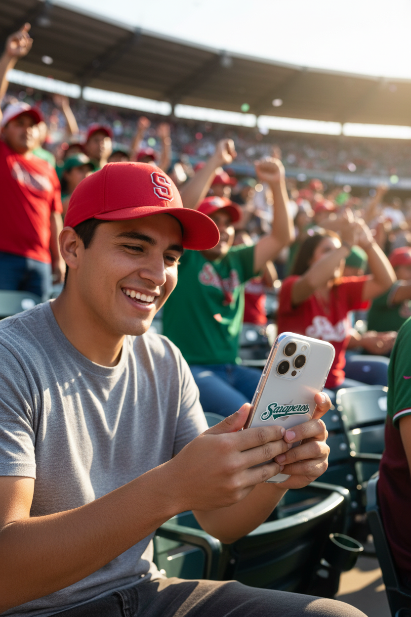 A young Hispanic man at a sunny baseball stadium applies a clear Saraperos iPhone case to his phone near the bleachers, surrounded by cheering fans.
