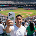 A man in a white t-shirt takes a selfie with a white phone at a crowded baseball stadium, with the green 'Pericos' logo clearly visible on the back of his phone.