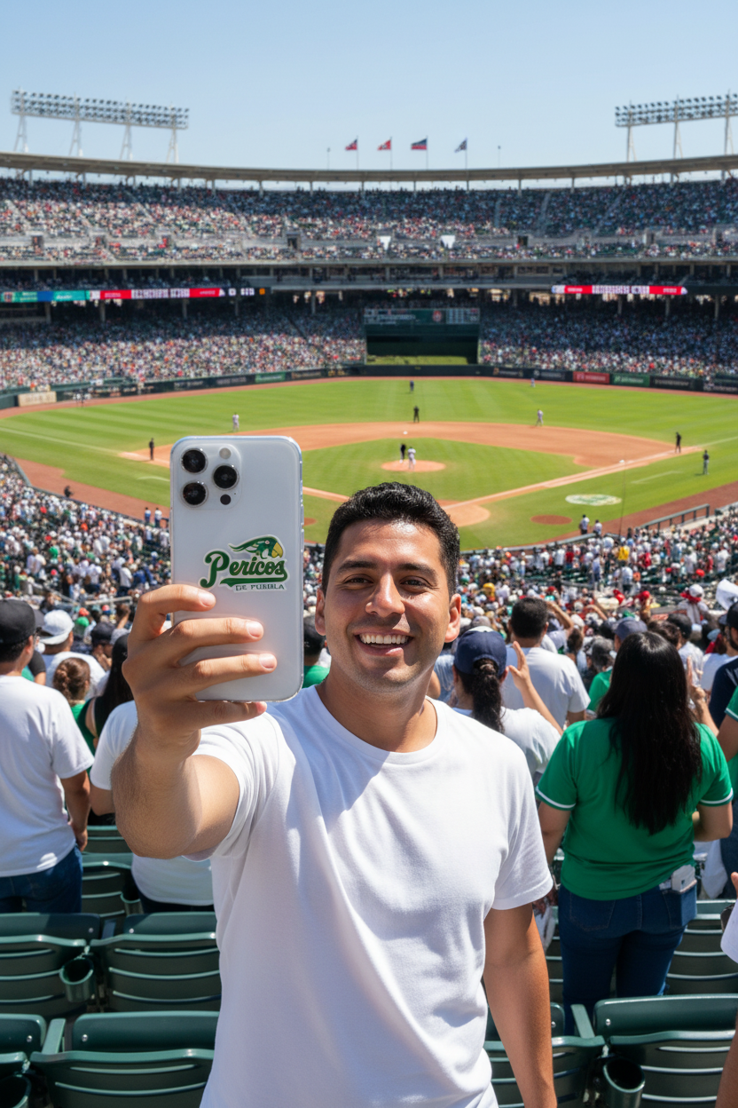 A man in a white t-shirt takes a selfie with a white phone at a crowded baseball stadium, with the green 'Pericos' logo clearly visible on the back of his phone.