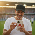 A man wearing a white t-shirt and black baseball cap stands on a sports field at sunset, holding a white smartphone with a red letter 'A' on the back representing Acereros de Monclova