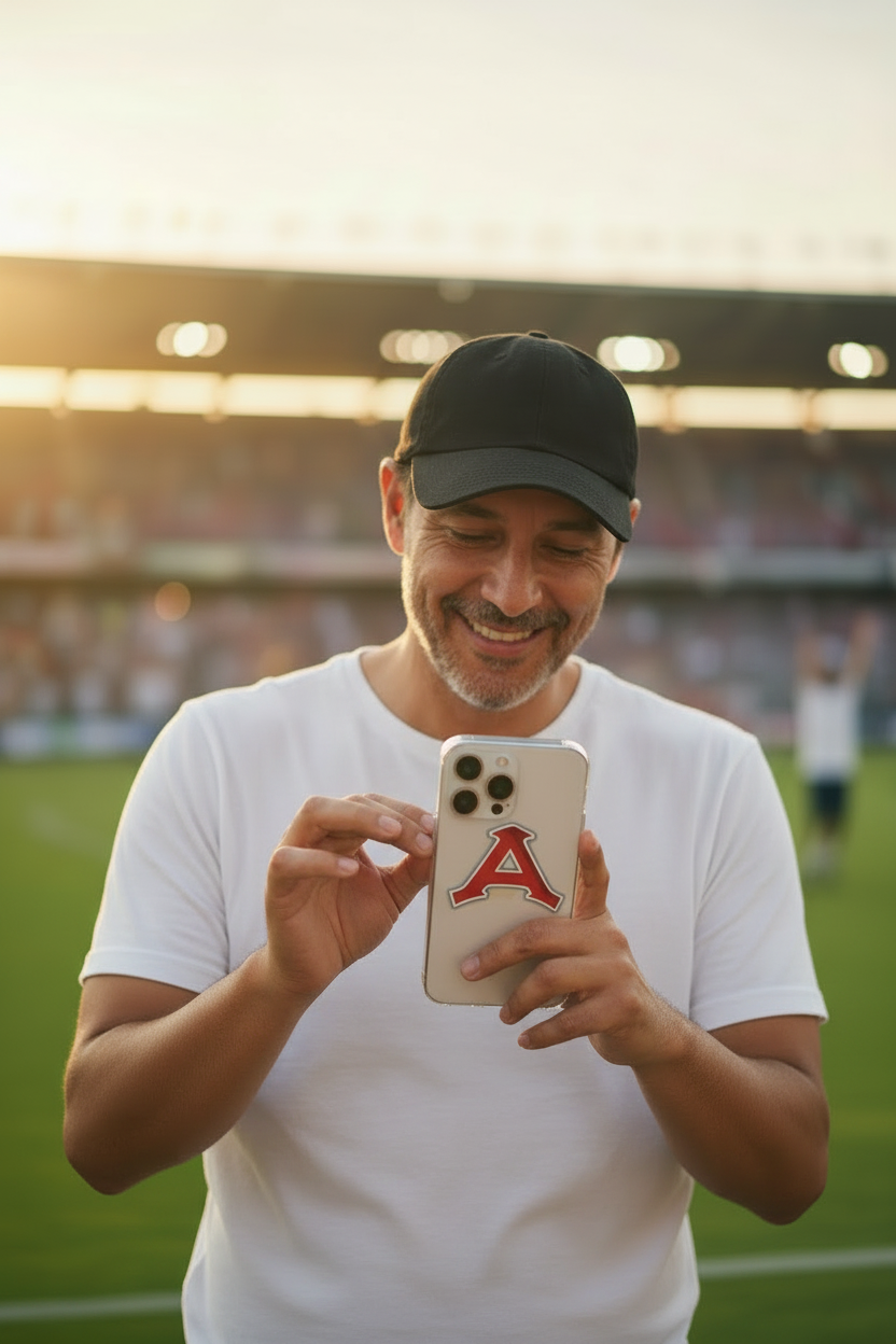 A man wearing a white t-shirt and black baseball cap stands on a sports field at sunset, holding a white smartphone with a red letter 'A' on the back representing Acereros de Monclova