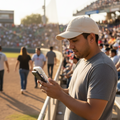 A young Hispanic man wearing a light cap and gray shirt stands near the bleachers at a sunny baseball stadium, applying a clear Rieleros de Aguascalientes iPhone case to his phone while fans fill the stands in the background.