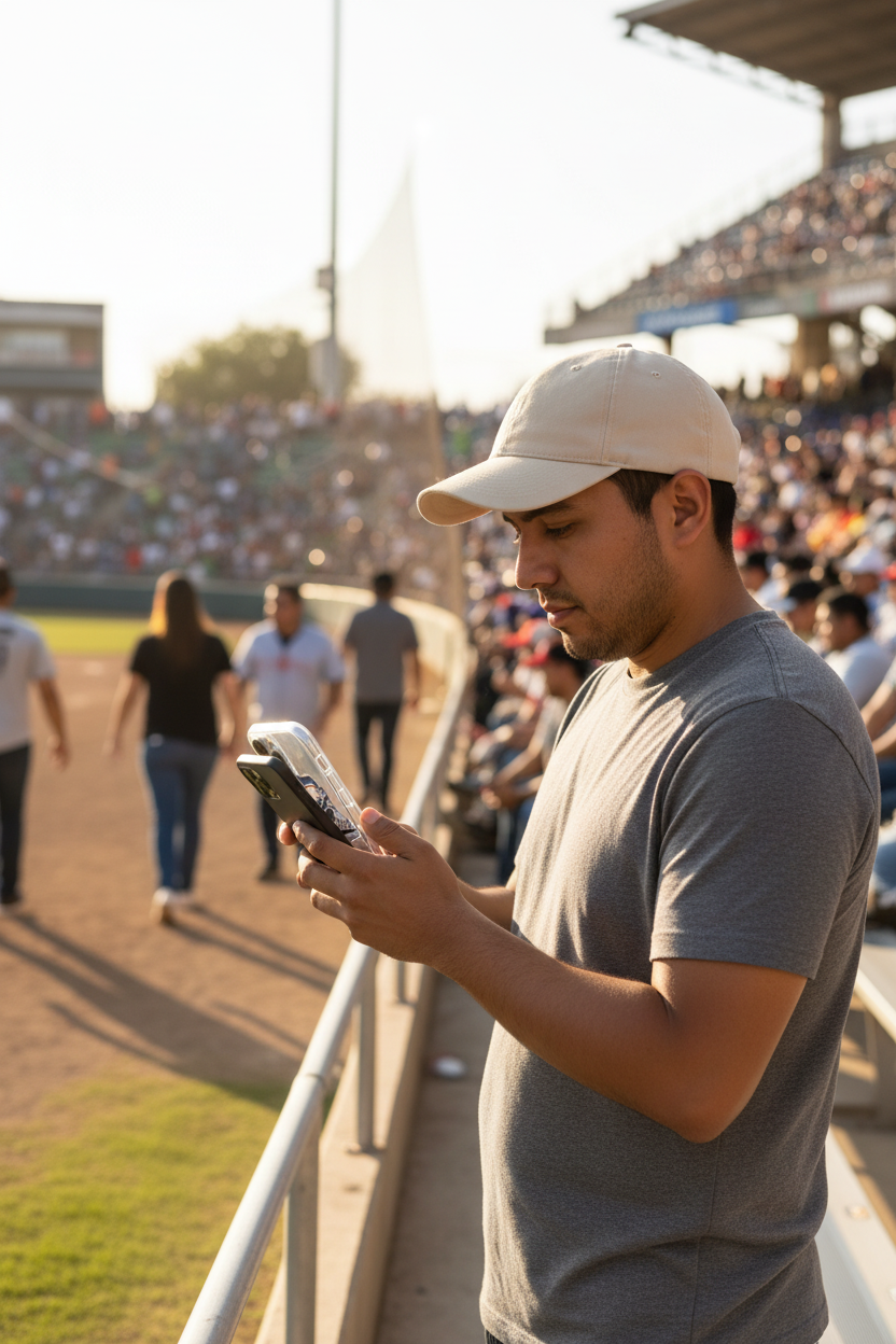 A young Hispanic man wearing a light cap and gray shirt stands near the bleachers at a sunny baseball stadium, applying a clear Rieleros de Aguascalientes iPhone case to his phone while fans fill the stands in the background.