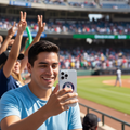 A young Hispanic man at a sunny baseball stadium holds his iPhone with a clear Tecolotes Dos Laredos case, unbranded shirt, focusing on the screen while fans cheer in the background.