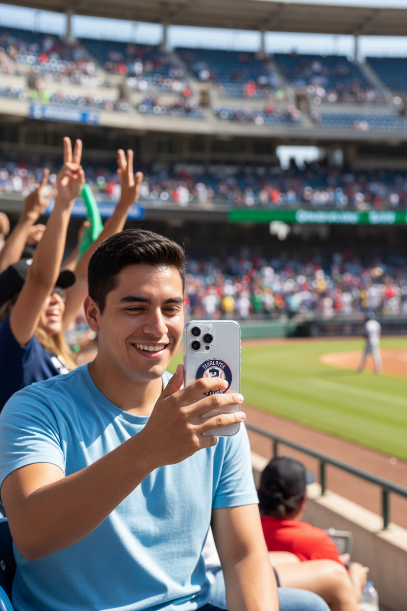 A young Hispanic man at a sunny baseball stadium holds his iPhone with a clear Tecolotes Dos Laredos case, unbranded shirt, focusing on the screen while fans cheer in the background.
