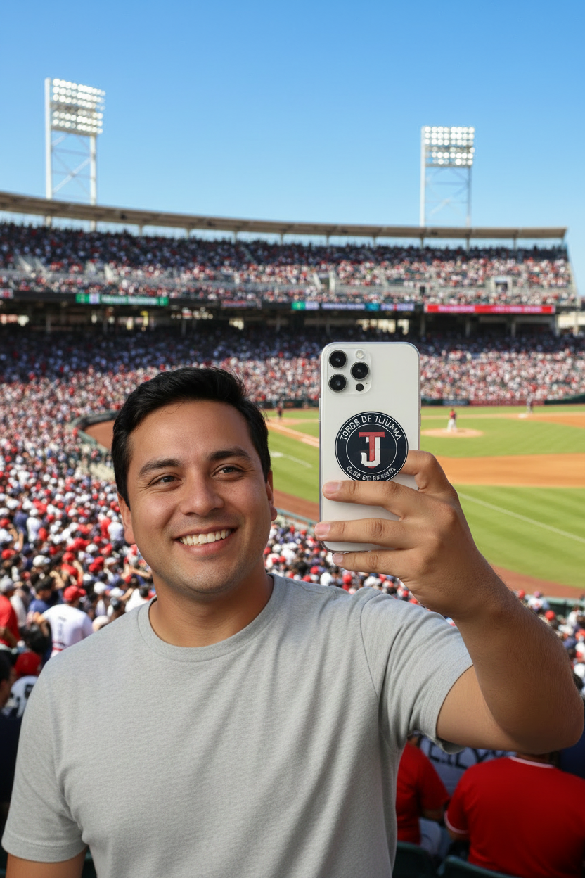 A man taking a selfie in a crowded baseball stadium, holding a white phone on a "Toros de Tijuana" case.