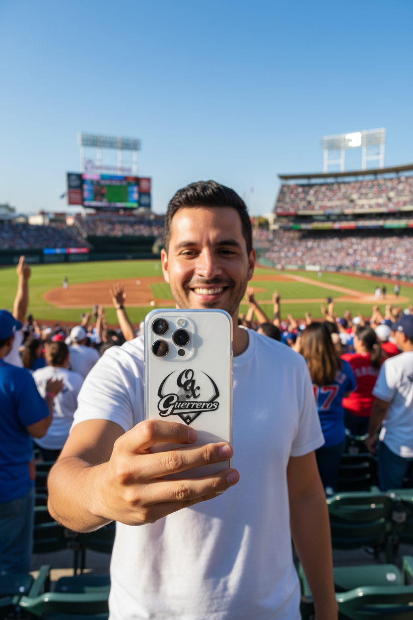 A man taking a selfie at a baseball stadium, holding a white phone with a black 'Guerreros' logo. He is wearing a white t-shirt, with the green field, crowd, and blue sky in the background.