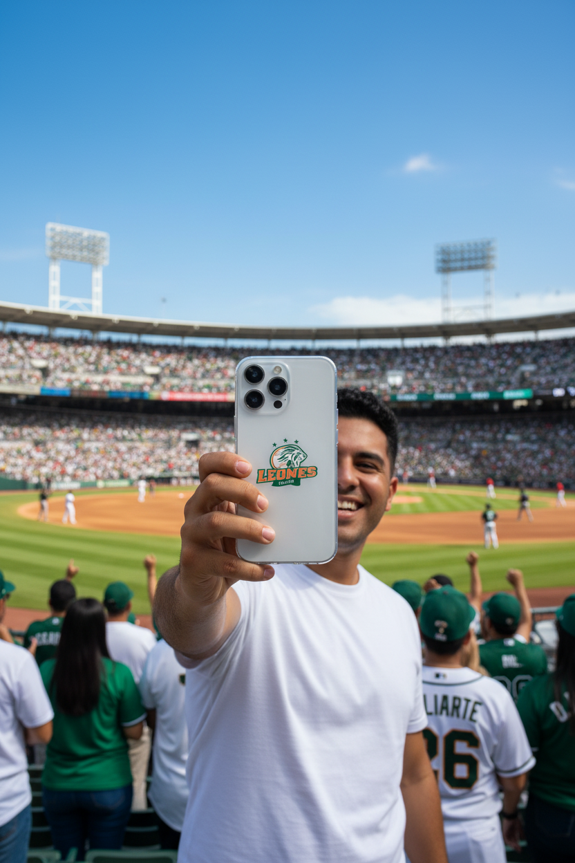 A man in a white t-shirt at a baseball stadium takes a selfie with a silver smartphone featuring a green and gold Leones de Yucatan logo on the back. The stadium is filled with fans, and players are visible on the field under a clear blue sky.