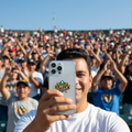 A man in a white t-shirt takes a selfie with a silver smartphone featuring a custom 'OLMECAS' baseball case on the back, with a crowded stadium crowd in the background under a clear blue sky.