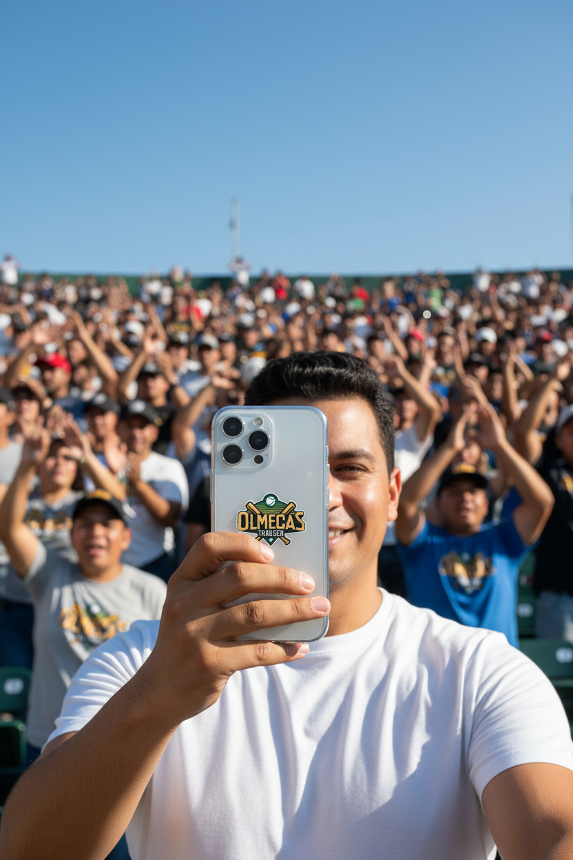 A man in a white t-shirt takes a selfie with a silver smartphone featuring a custom 'OLMECAS' baseball case on the back, with a crowded stadium crowd in the background under a clear blue sky.