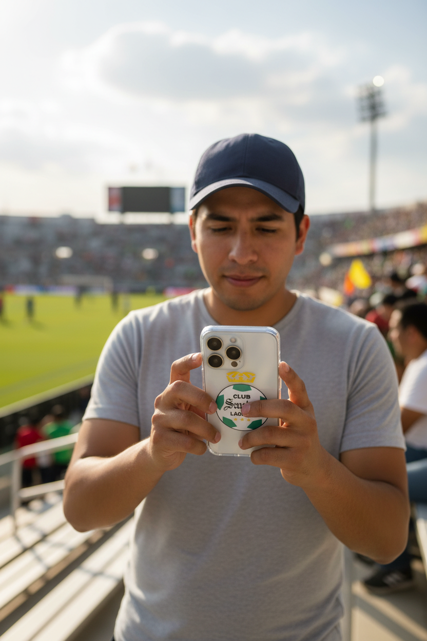 An iPhone case featuring the Club Santos Laguna logo in green, white, and black on a clear background.