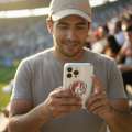 A clear iPhone case featuring the Club Atletico de San Luis logo in red, white, and blue on the back.