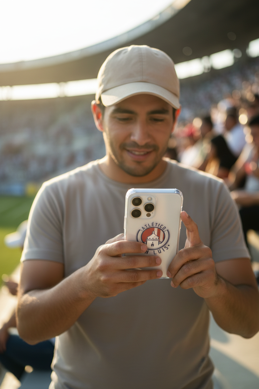 A clear iPhone case featuring the Club Atletico de San Luis logo in red, white, and blue on the back.