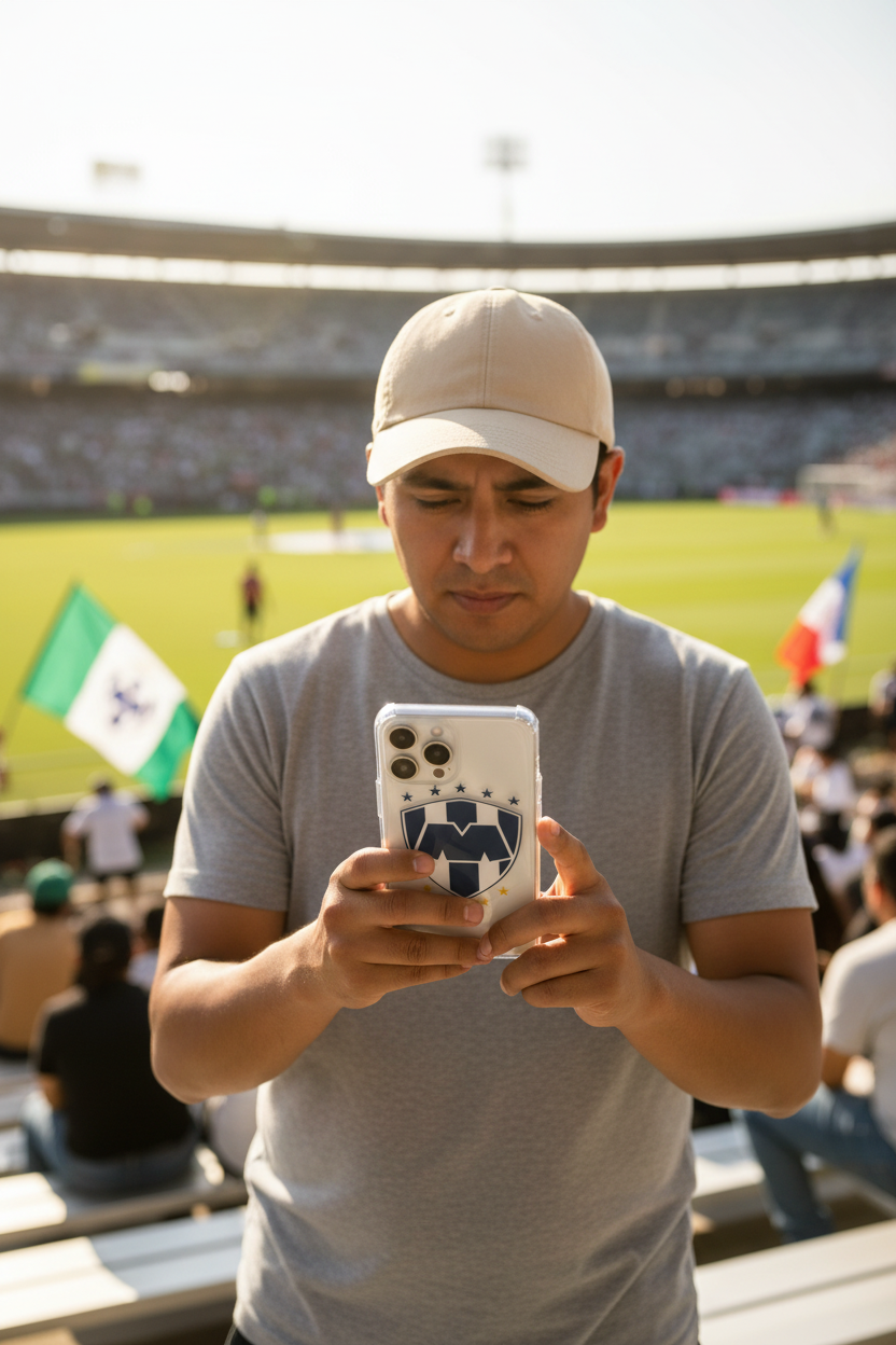 An iPhone case featuring the Club Monterrey crest with a white, blue, and gold color scheme.