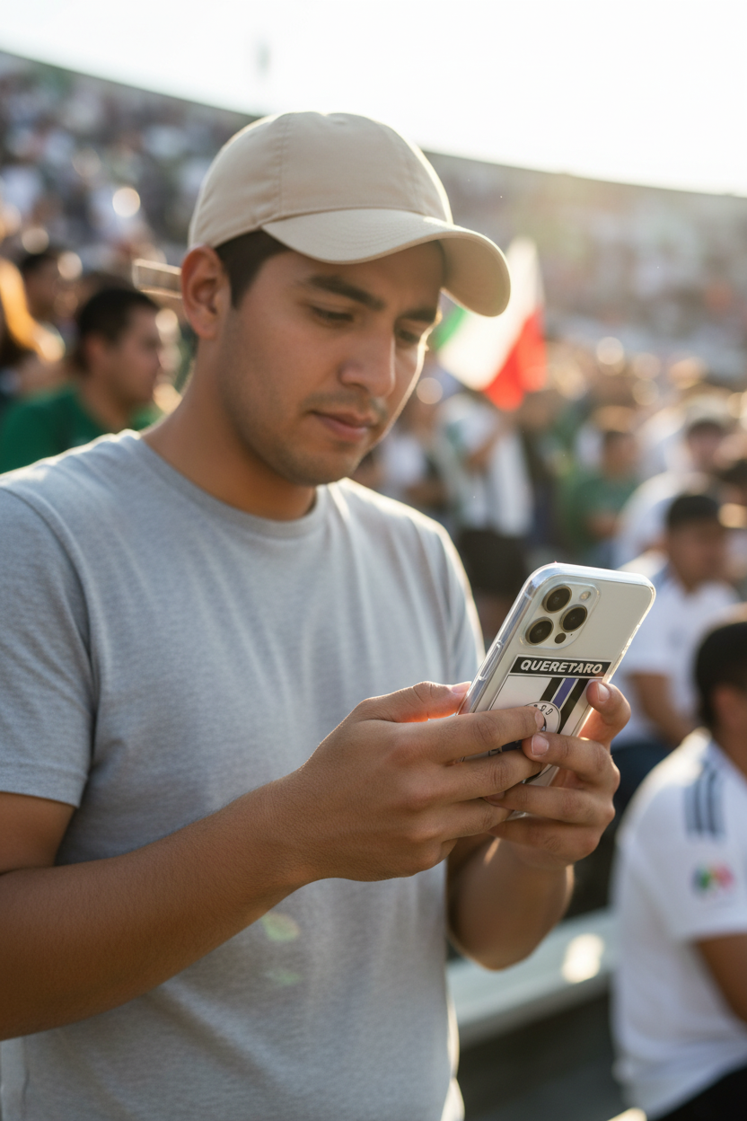 An iPhone case featuring the Club Queretaro logo in black and white on a clear background, with a camera cutout on the top left.