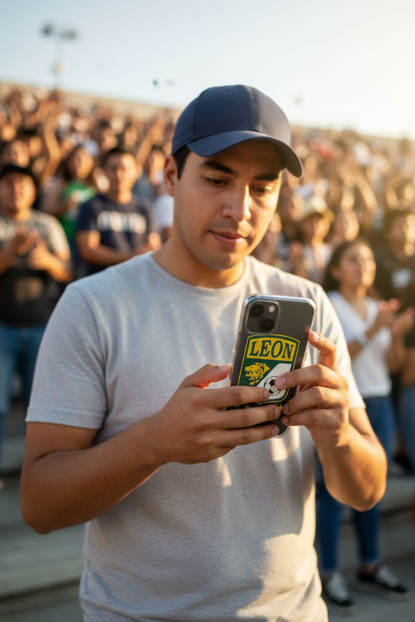 iPhone case featuring the Club Leon crest in green, yellow, and white colors with a soccer ball and the name 'LEON' prominently displayed.