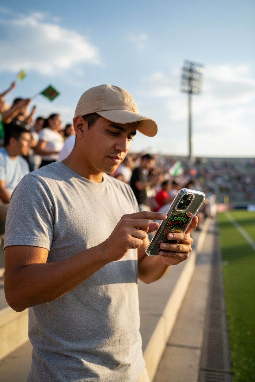 A clear iPhone case featuring the FC Juarez logo in green and red on the back.