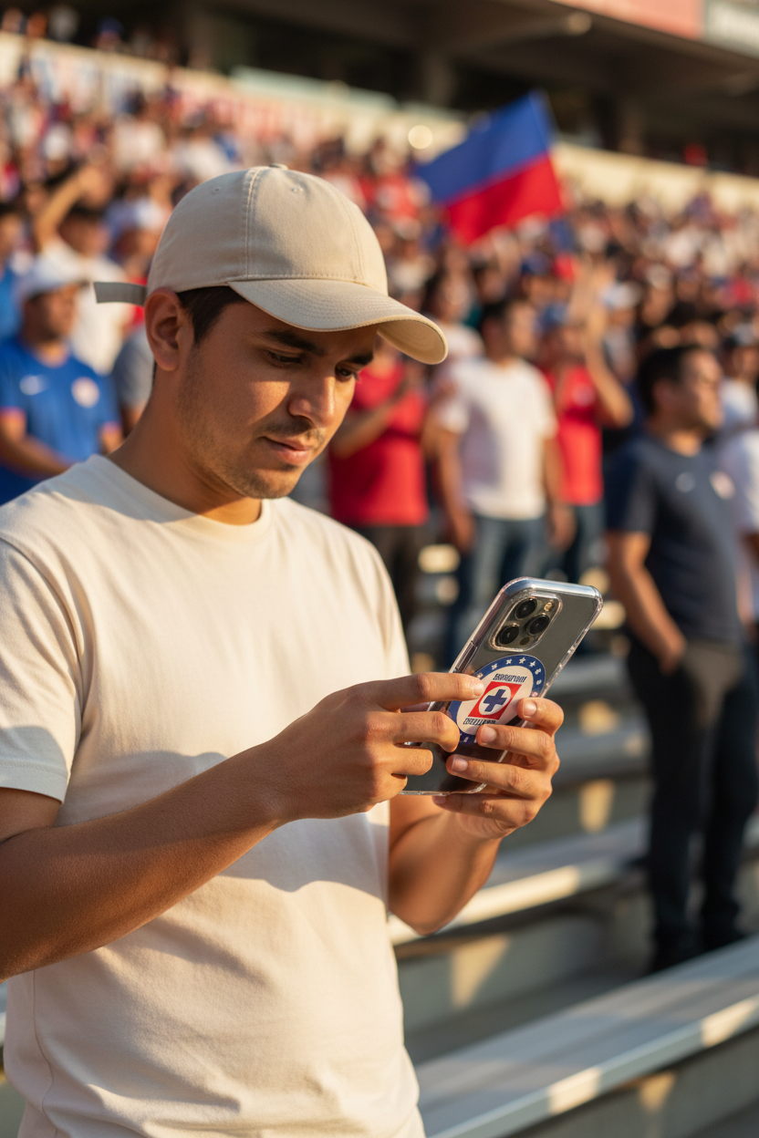 An iPhone case featuring the Deportivo Cruz Azul Mexico logo, with a clear back and a blue and red circular design.