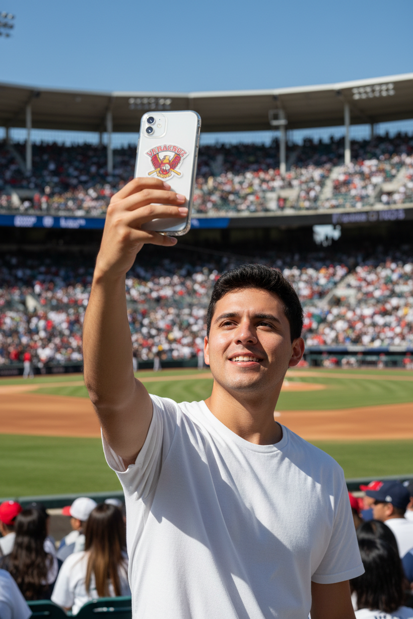 A man in a white t-shirt takes a selfie holding a smartphone with a Veracruz case at a crowded baseball stadium under a clear blue sky.