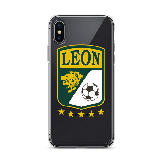 iPhone case featuring the Club Leon crest in green, yellow, and white colors with a soccer ball and the name 'LEON' prominently displayed.
