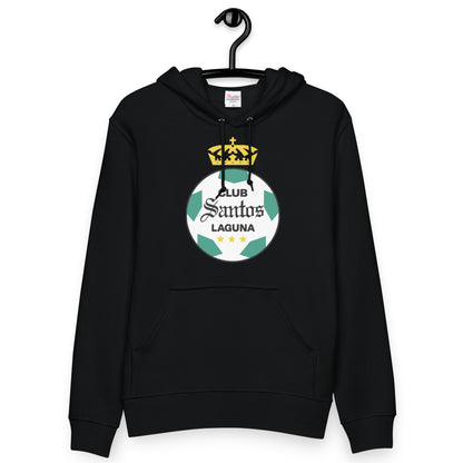 A black unisex hoodie with a graphic print of 'Club Santos Laguna' on the front.