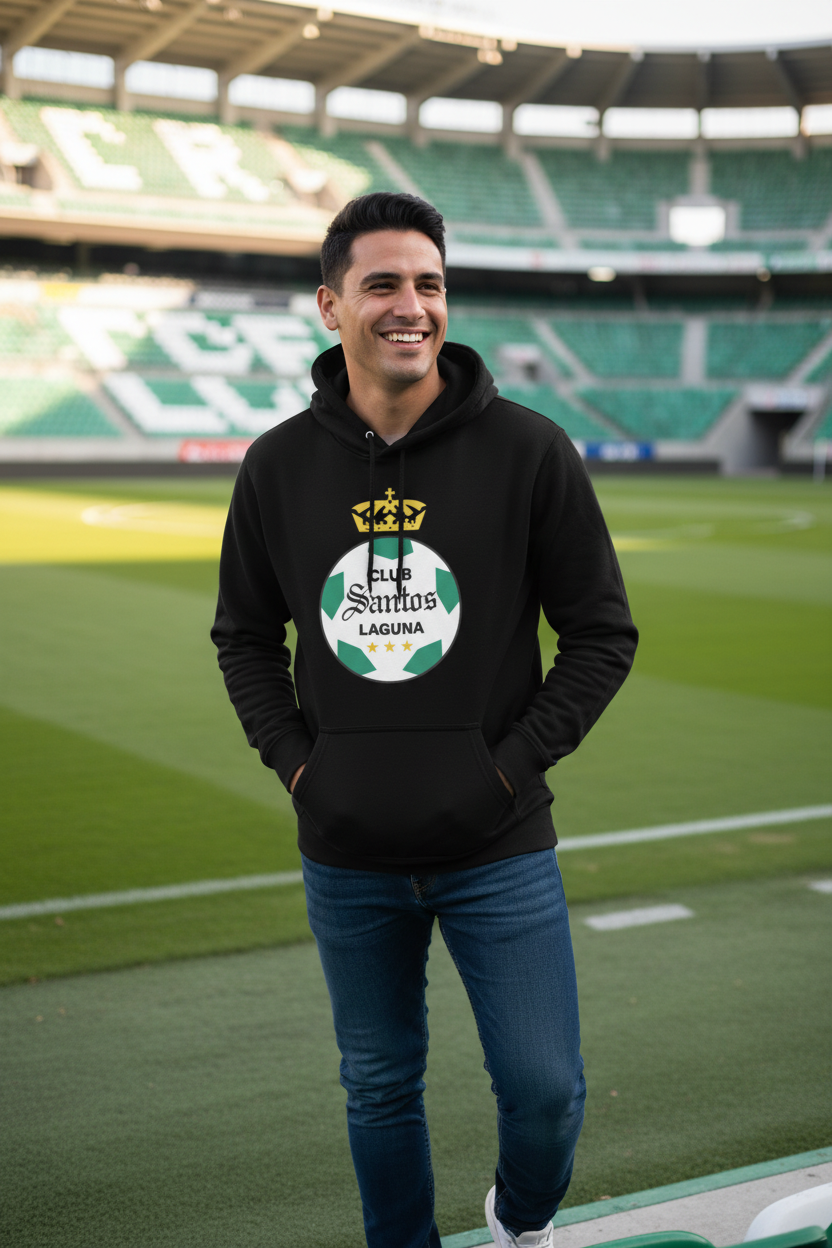 A black unisex hoodie with a graphic print of 'Club Santos Laguna' on the front.