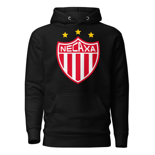 Black hoodie with a red and white shield logo and 'Necaxa' text on a white background
