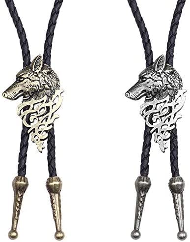 Black braided bolo tie with wolf head silver pendant