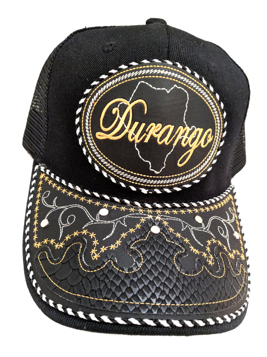 Gorra de Durango Hat, Adjustable Unisex, Charro Style, Polyester/Acrylic, Embroidered Snake Skin Design in Black