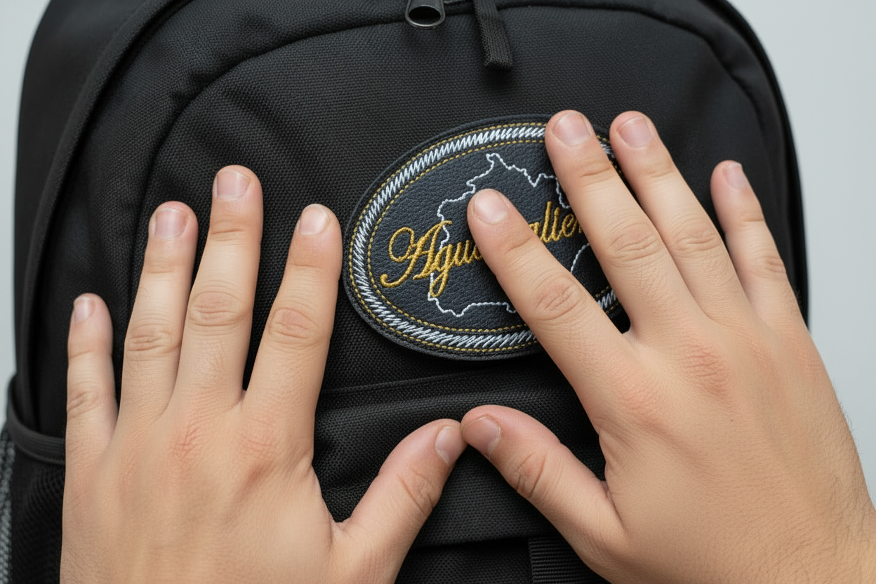 A close-up of a black backpack with an oval embroidered patch reading 'Ayuascalientes' in yellow script. Two hands are visible: one holding the patch in place,.
