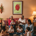 A family of seven is gathered in a warmly lit living room, sitting on a patterned rug in front of a sofa. A framed art print featuring a red anatomical heart labeled 'EL CORAZON' on a light green background is mounted on the beige wall behind them.