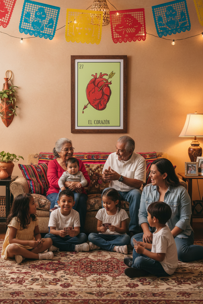 A family of seven is gathered in a warmly lit living room, sitting on a patterned rug in front of a sofa. A framed art print featuring a red anatomical heart labeled 'EL CORAZON' on a light green background is mounted on the beige wall behind them.
