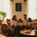 A family of four sits together on a brown leather couch in a warmly lit living room, reading a book. The room features neutral beige walls, hanging green plants, a framed black and white art print on the wall, a wooden coffee table with pastries and mugs, and a patterned rug.