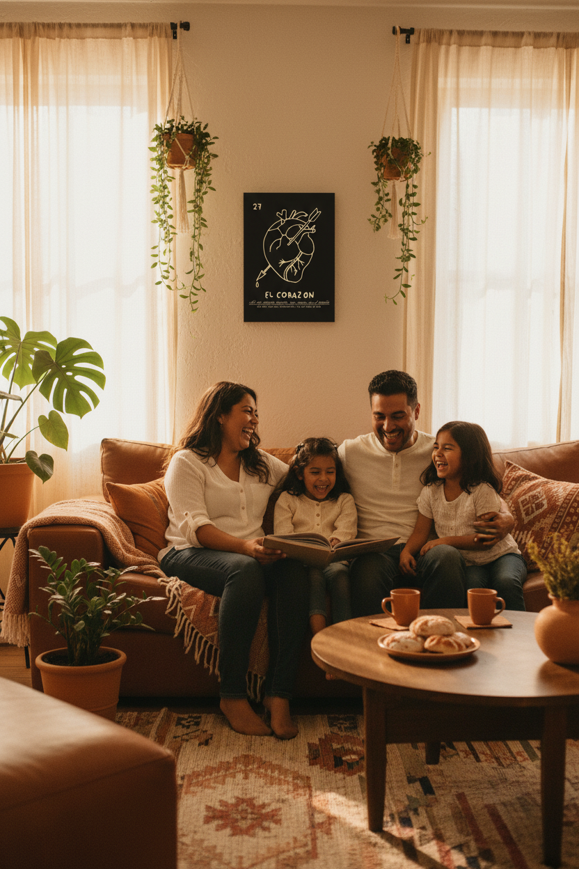 A family of four sits together on a brown leather couch in a warmly lit living room, reading a book. The room features neutral beige walls, hanging green plants, a framed black and white art print on the wall, a wooden coffee table with pastries and mugs, and a patterned rug.