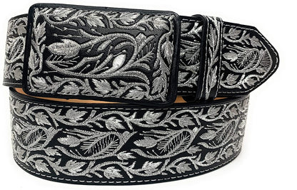 Men's Silver Embroidered Western Belt, Cinto Charro Bordado Plateado Cinto Vaquero, 32, Black