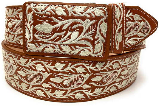 A Brown embroidered western cowboy leather belt with a buckle, displayed against a white background.