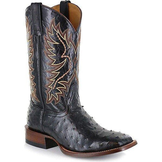 Black cowboy boots with feather embroidery and pointed toe, block heel.