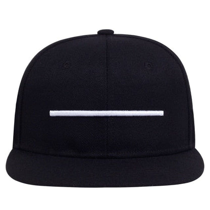 Black baseball cap with white horizontal stripe on front panel